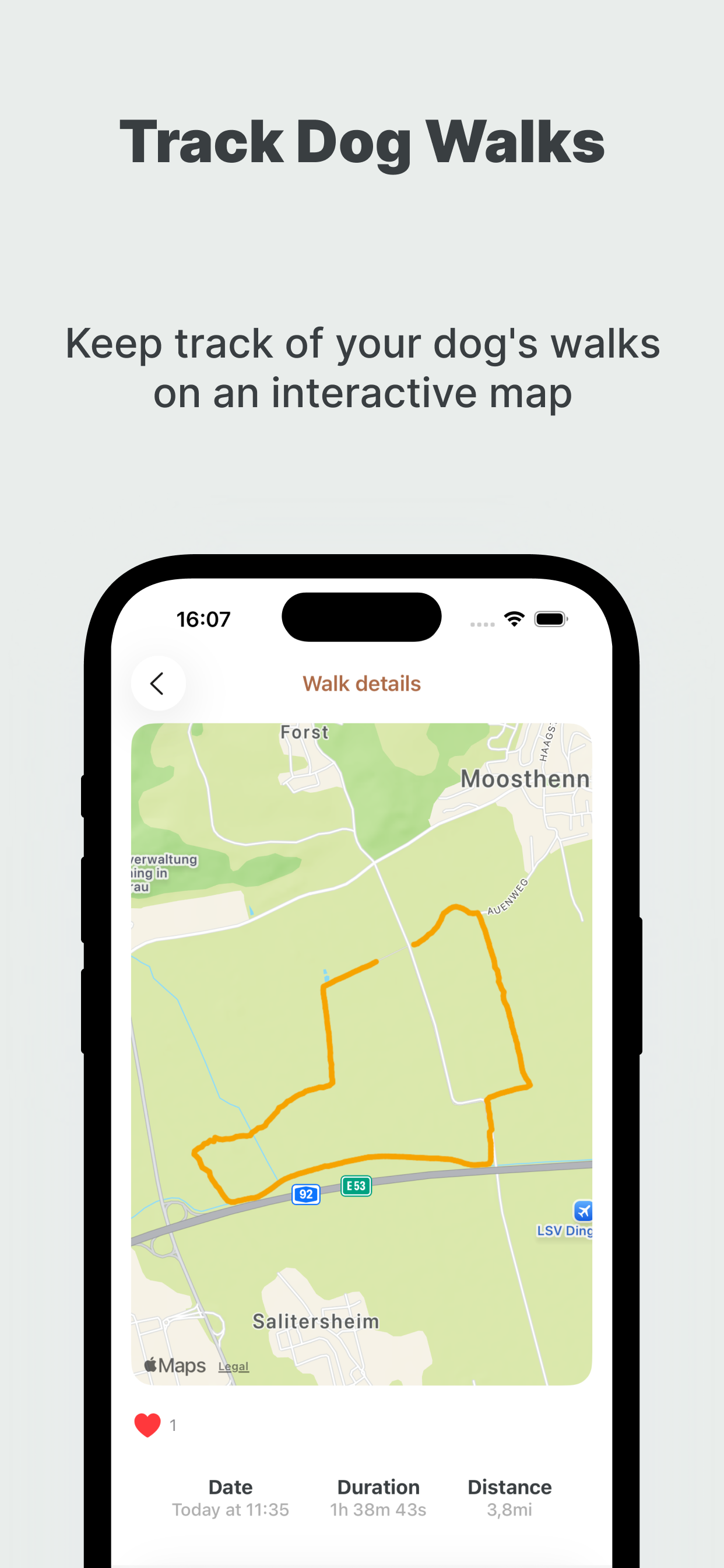 Track Dog Walks screen showing a walk route on an interactive map.