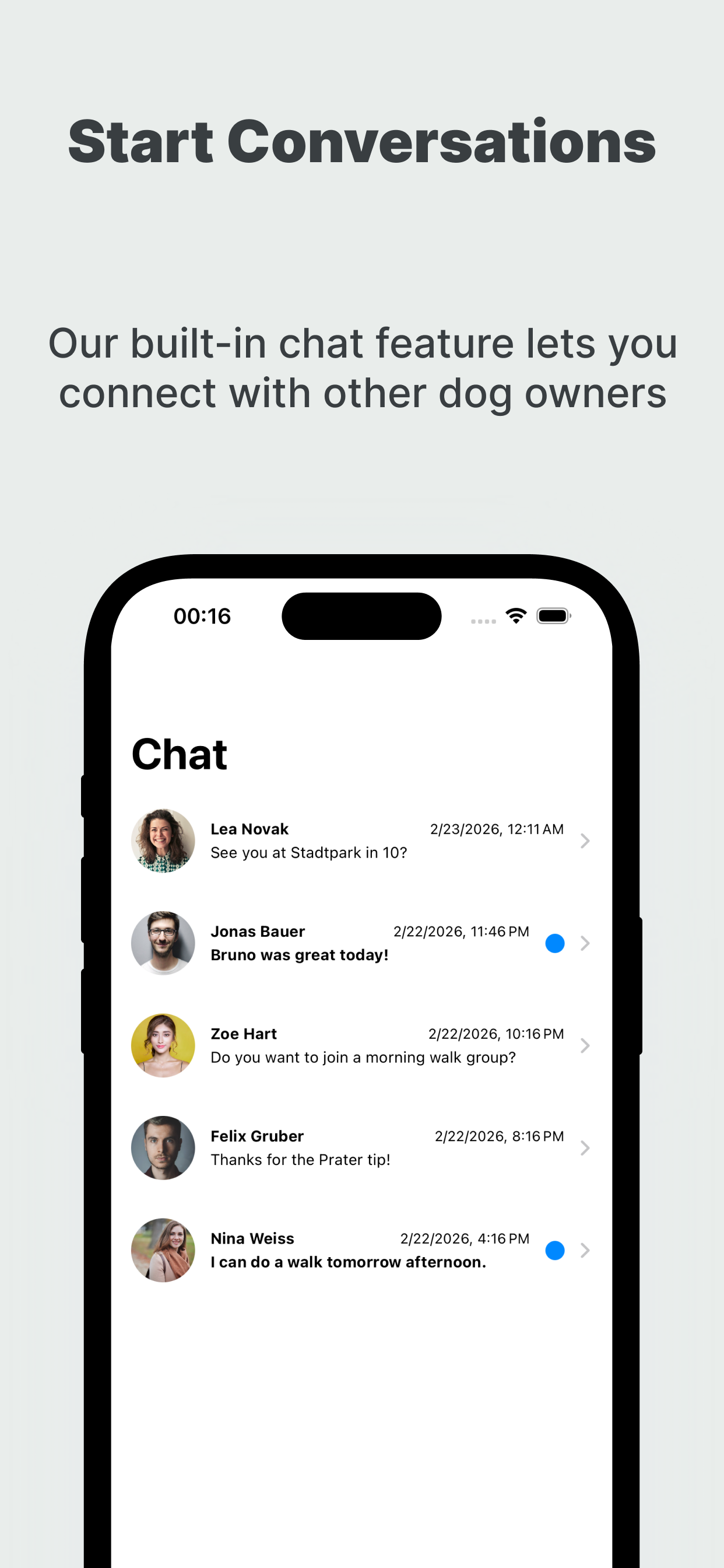 Chat screen showing conversations with other dog owners.