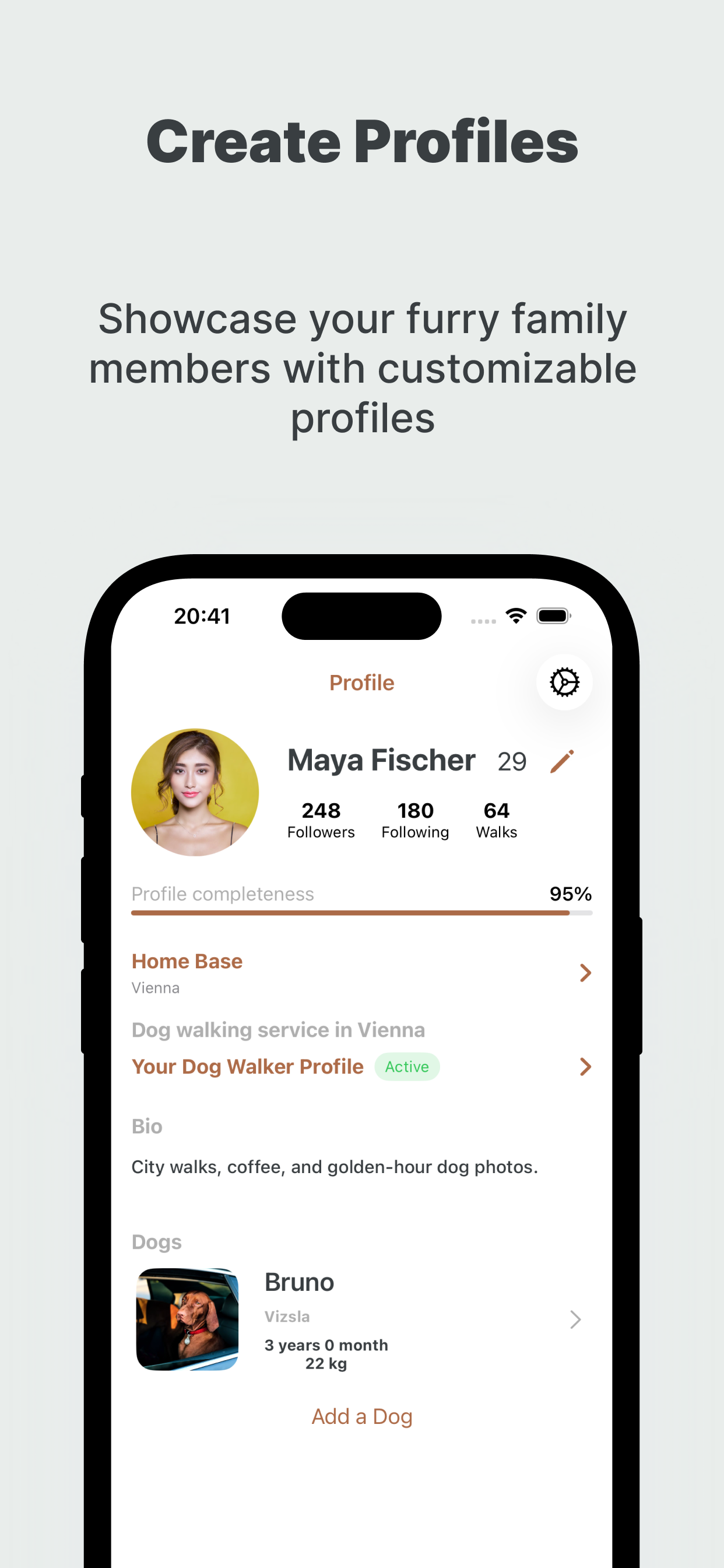 Profile screen with user details, dog walker profile, and dog information.