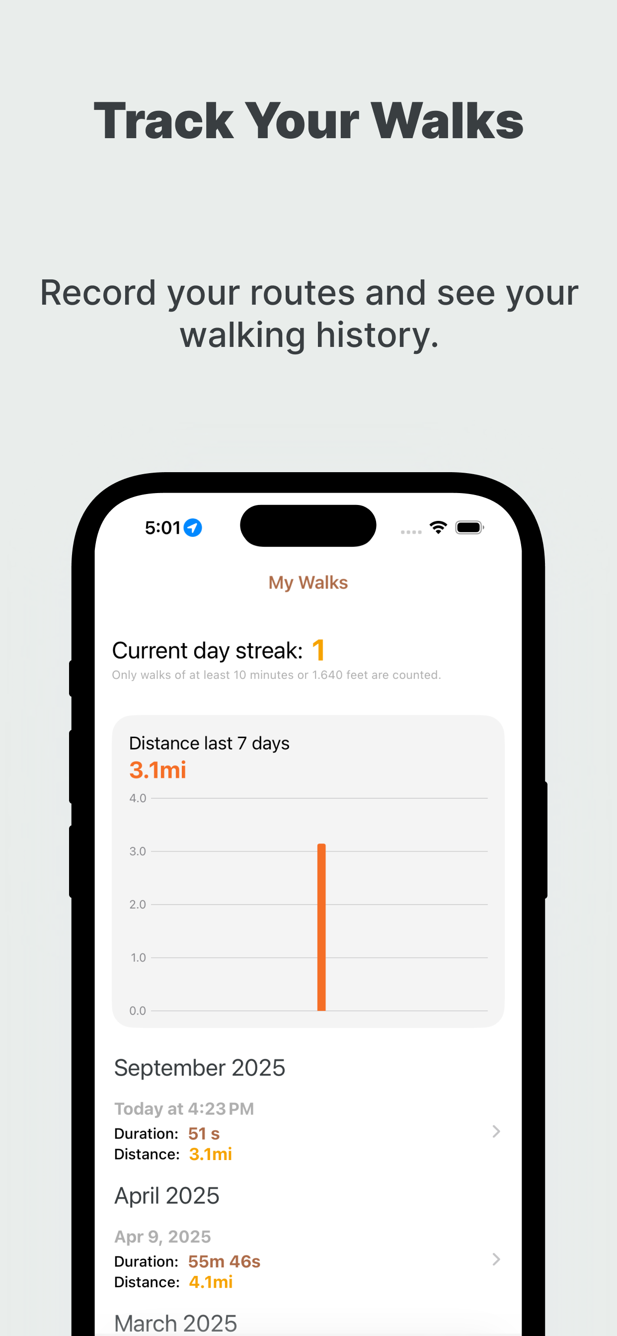 My Walks screen showing walking history and streak information.